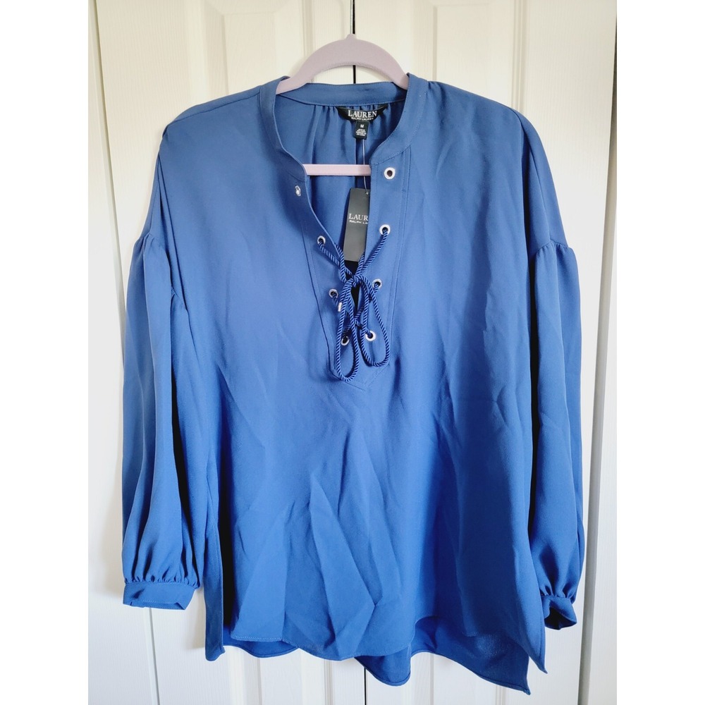 Ralph Lauren M Black Label Tie Up Top Blue Side Slits Oversized NWT RV $145